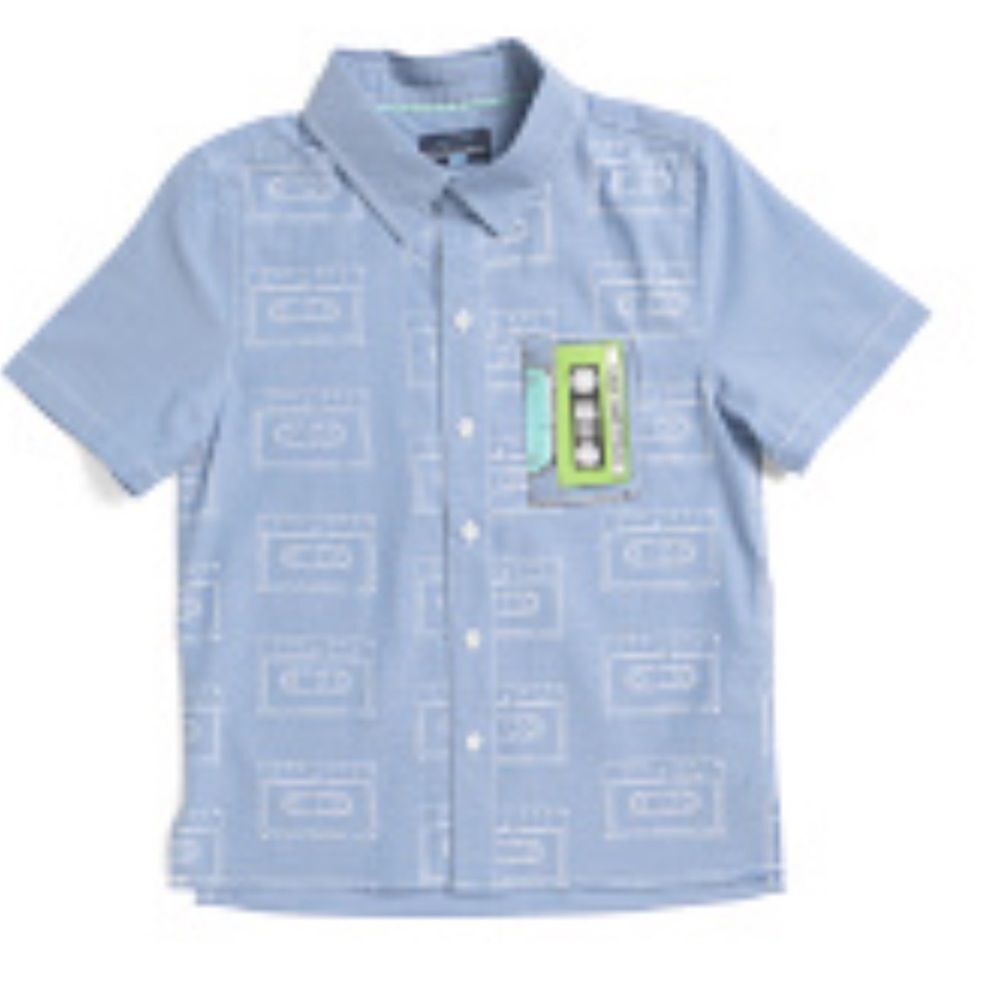 Andy & Evan Blue & white cassette tape print short sleeve button-down shirt NWT